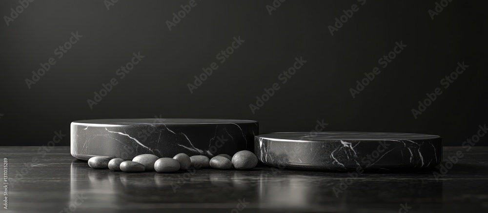 Poster minimalist presentation with two vacant black marble podiums positioned left and right, surrounded b