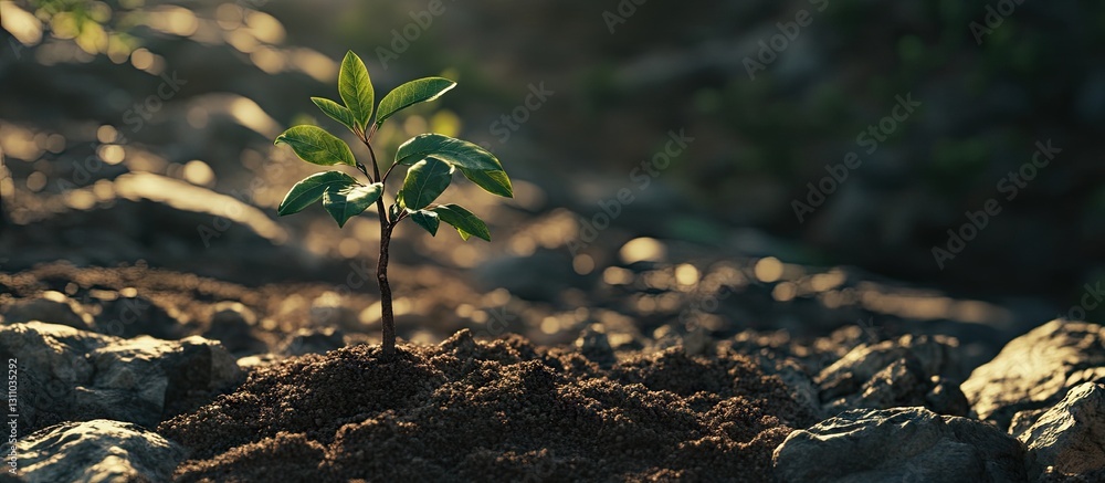 Aufkleber Growing sapling emerging from rich soil with morning sunlight creating a warm glow highlighting green leaves and textured earthy background