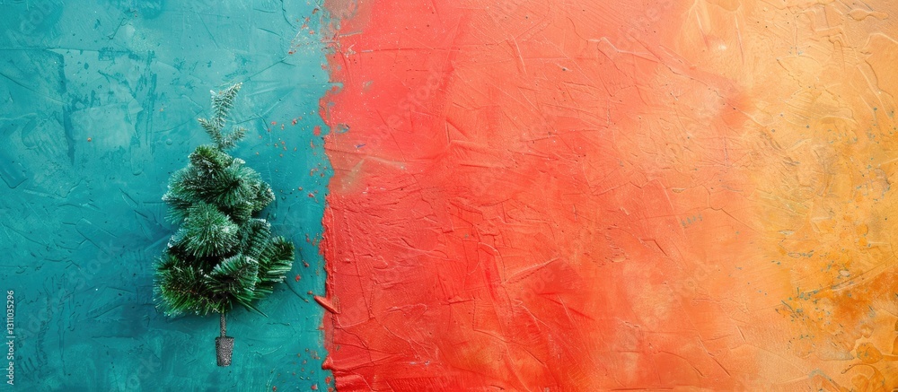 Poster Tiny Christmas tree positioned on the left against a vibrant turquoise and orange textured backdrop with spacious copy area on the right.