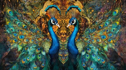 Obraz premium 83.An eye-catching image of two peacocks with their wings extended, showing off their beautiful and elaborate plumage in rich hues of blue, green, and gold, captured in vivid detail against a natural