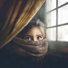 Fototapeta premium Mysterious portrait of a person partially hidden behind dark fabric near window, creating dramatic atmosphere with natural lighting. Artistic composition exploring themes of identity and anonymity.