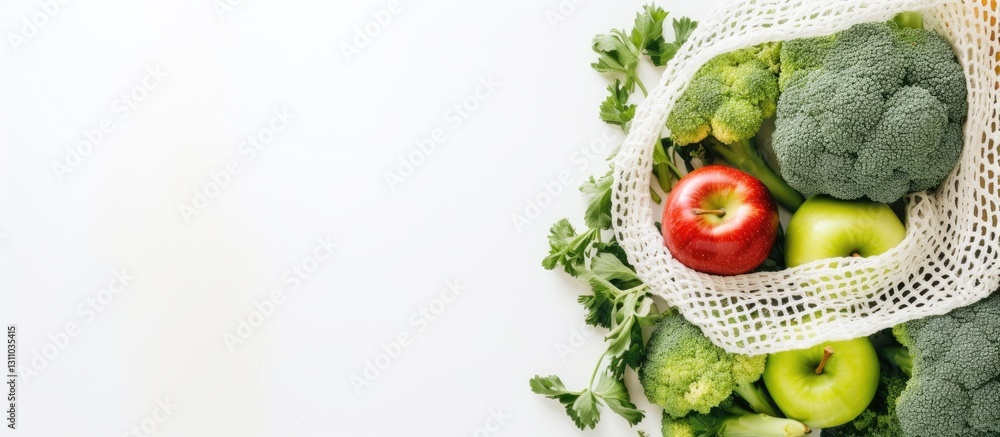 Poster fresh organic vegetables and green apples in a netted bag on a white background, featuring a red app