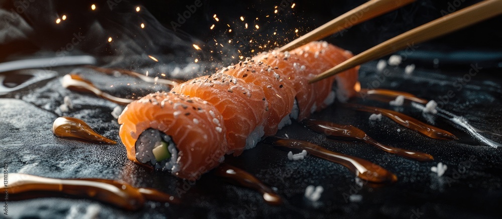 Poster Sushi roll with salmon topping positioned centrally on a dark slate surface, garnished with sesame seeds and drizzled with soy sauce.