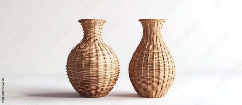 Poster two intricately woven rattan vases with distinct shapes positioned side by side on a minimalistic wh