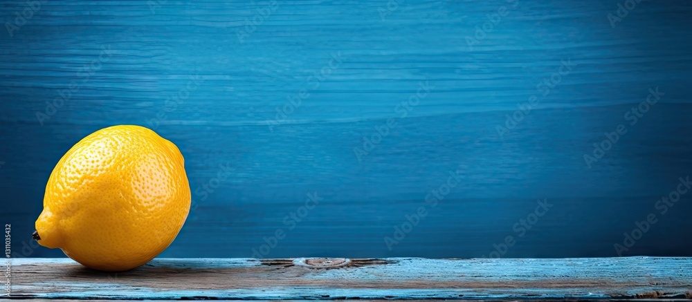 Poster Fresh lemon on a vibrant blue wooden background with ample copy space on the right side for text or design elements.