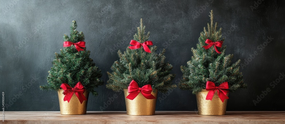Poster three lush green christmas trees arranged in a row in golden pots, each decorated with vibrant red b