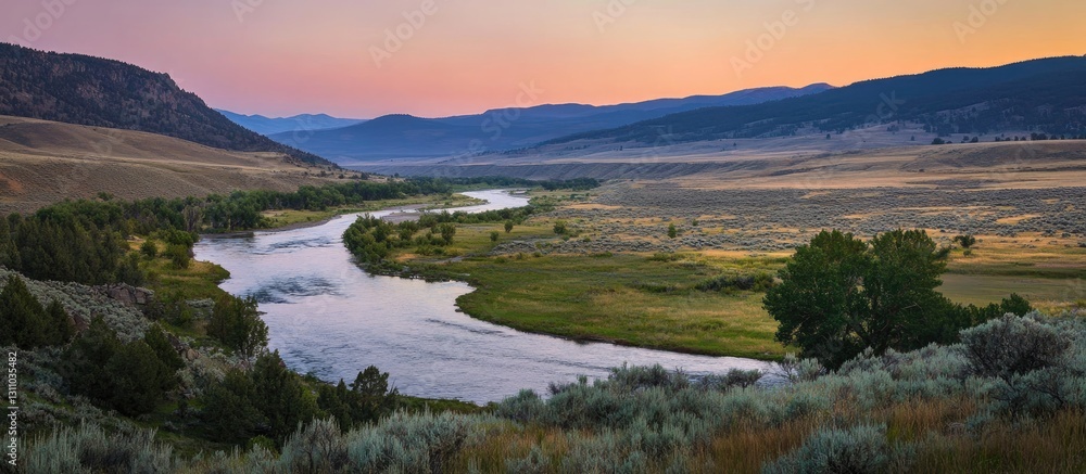 Poster serene twilight landscape with a warm glow over a winding river flowing through a vast valley surrou