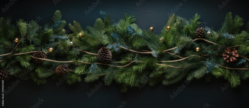 Poster vibrant spruce branches with pine cones and warm fairy lights against a dark backdrop create a cozy 