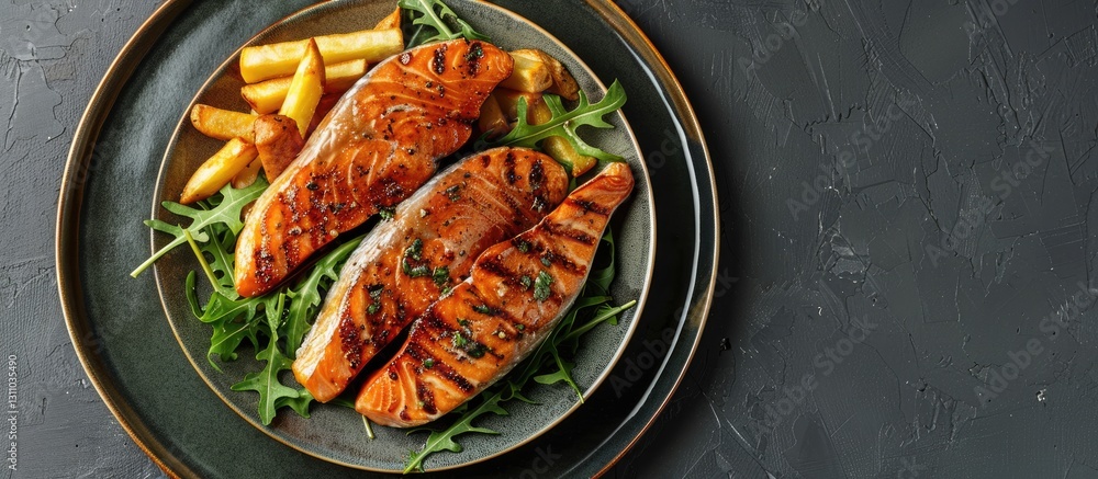 Poster roasted pink salmon steaks with golden french fries and fresh arugula on a dark plate creating ample
