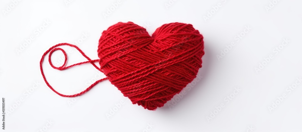Poster Red yarn heart on a white background with a loose yarn tail creating a romantic, minimalistic composition ideal for Valentine's Day themes.