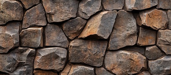 Fototapeta premium Textured wall of rough dark brown stones, unevenly arranged with a weathered, rugged appearance, emphasizing natural earthy tones and shadows.