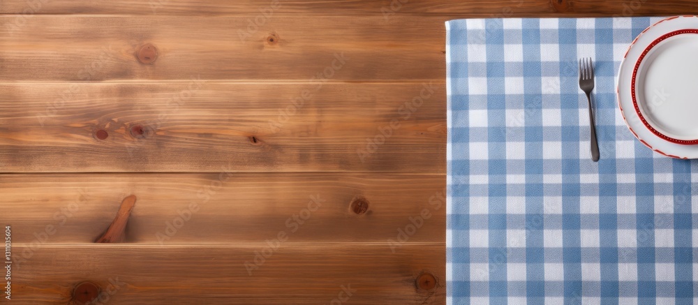 Poster top view of a rustic wooden table with a blue and white checkered tablecloth, empty plate, fork, and
