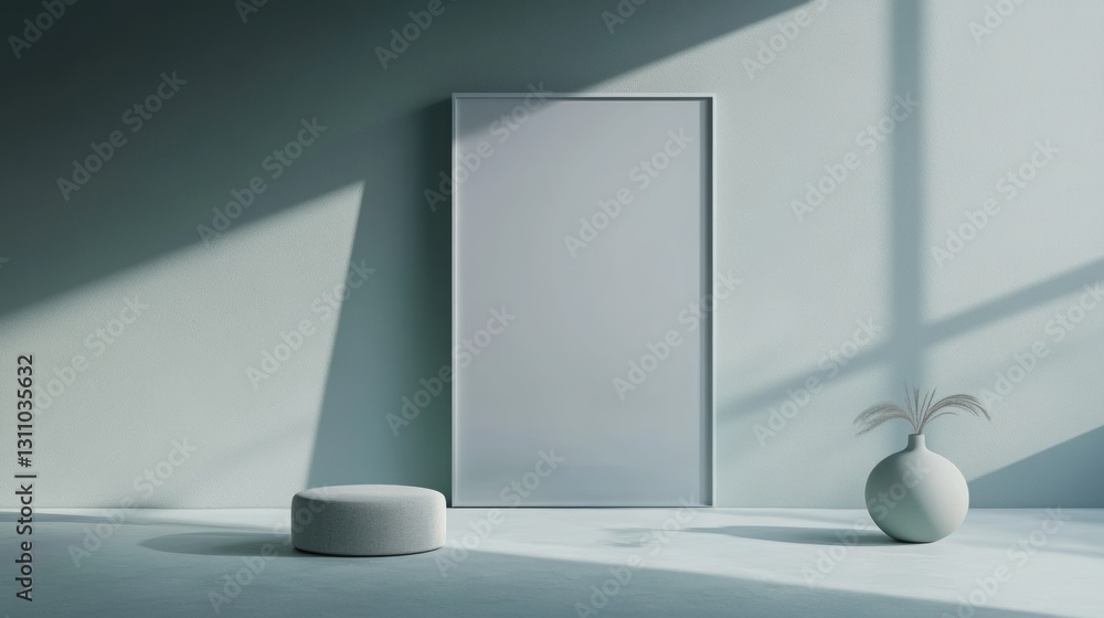 Aufkleber empty frame on the wall: a modern and minimalist room with an empty frame on the wall, illuminated b