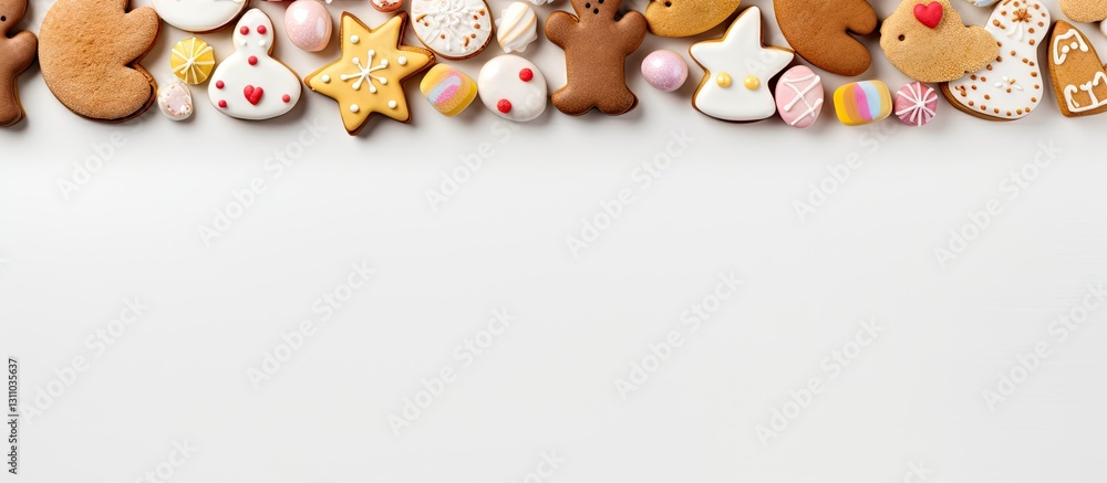 Aufkleber festive assortment of gingerbread cookies and colorful candies on a white marble surface with a blan
