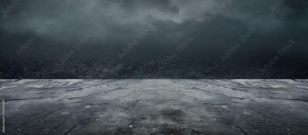 Poster dark asphalt road texture under a moody cloudy sky with ample empty space for overlaying text center