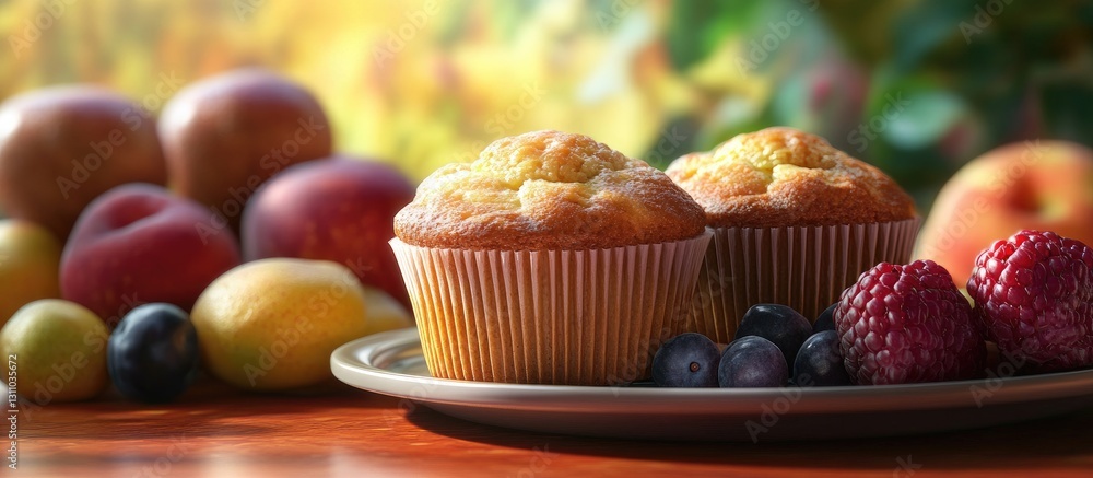 Poster three golden muffins positioned in front of a vibrant plate of mixed fresh fruits with apples and be