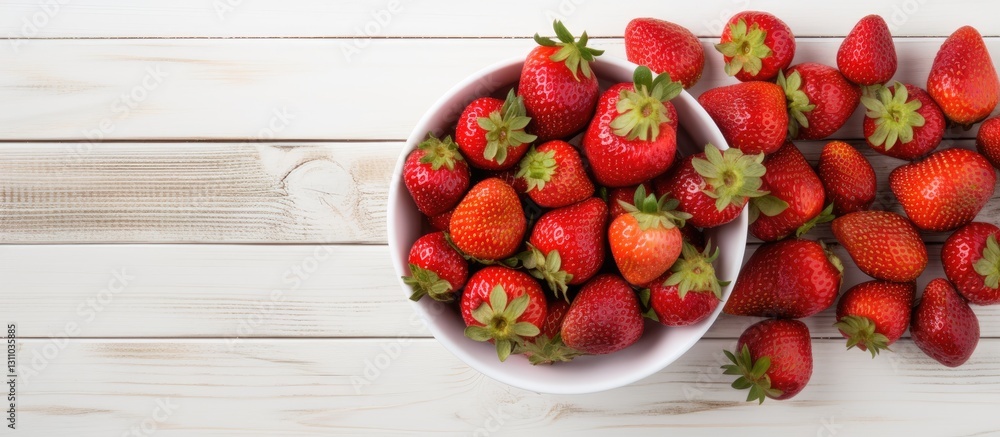 Poster fresh red strawberries in a white bowl placed centrally on a white wooden background with scattered 
