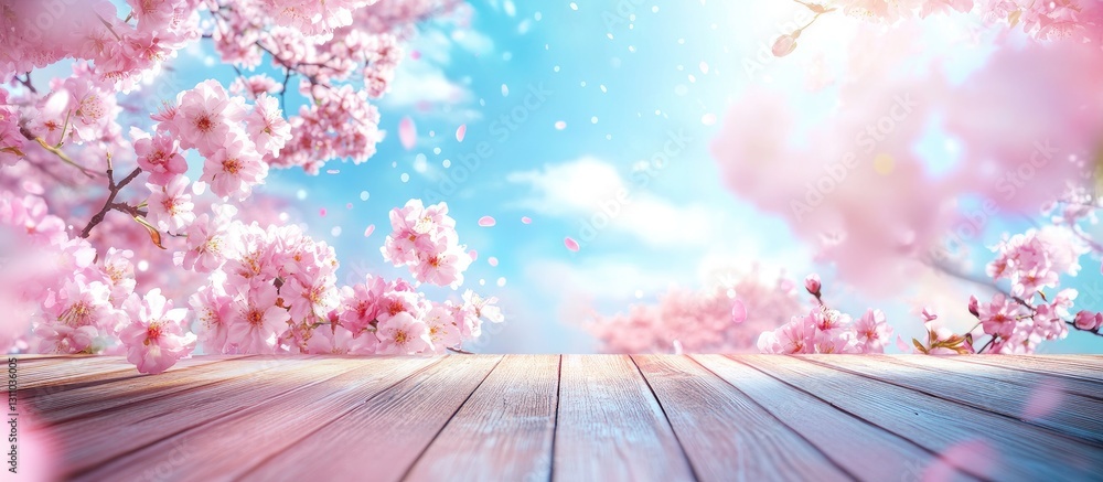 Poster wooden table surface with pink cherry blossoms framing a bright blue sky, creating an inviting space