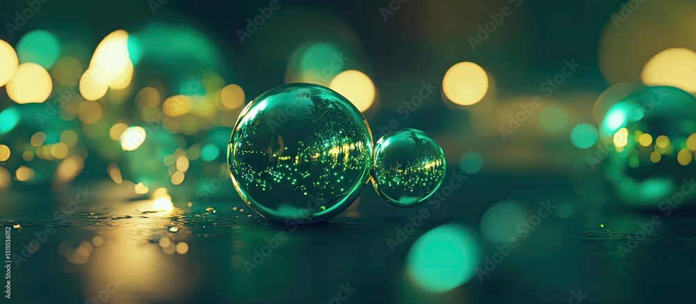 Aufkleber abstract green bokeh lights with shimmering effects and vibrant glowing orbs on a dark background, c