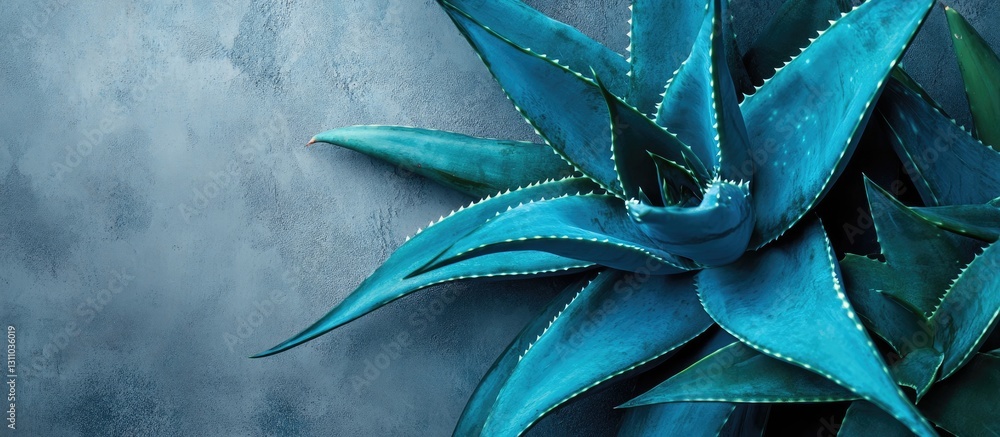 Poster Vibrant blue aloe vera leaves positioned diagonally on a textured gray backdrop highlighting botanical details and intricate leaf patterns.