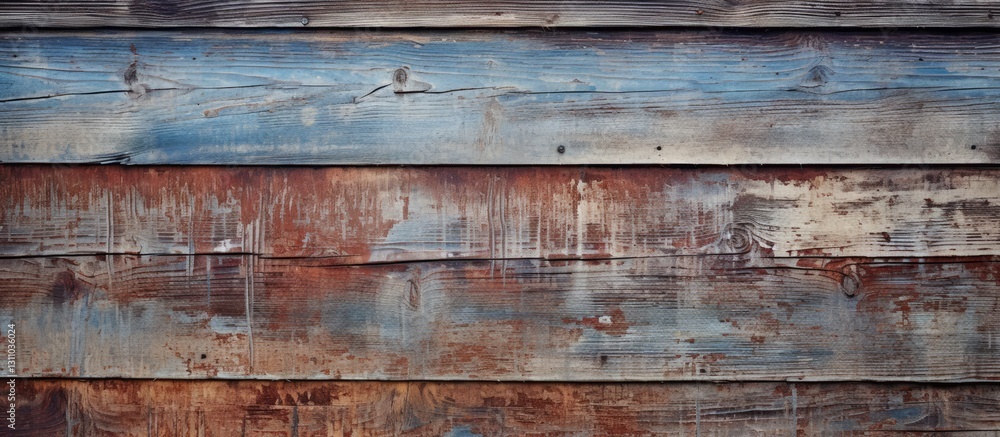 Poster weathered barn wood with peeling paint displays shades of blue and rust, creating a rustic texture p