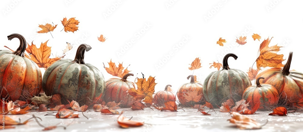 Poster autumn scene with colorful pumpkins and fallen leaves on a misty background featuring orange and gre