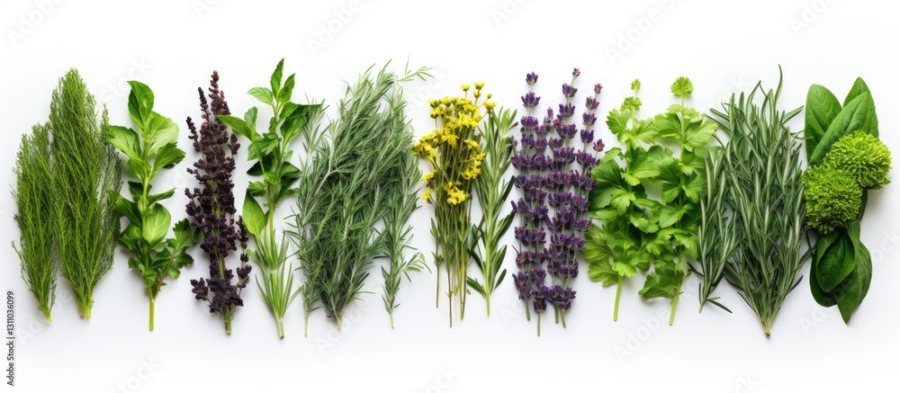 Poster Assorted fresh herbs including basil, lavender, and dill arranged horizontally on a white background with ample copy space for text.