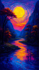 Fototapeta premium Neon Whispers: A Van Gogh-Inspired Landscape