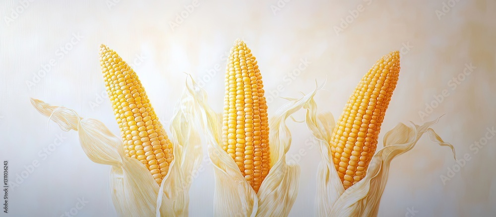 Poster three vibrant yellow corn ears arranged in a row against a soft white background emphasizing their s