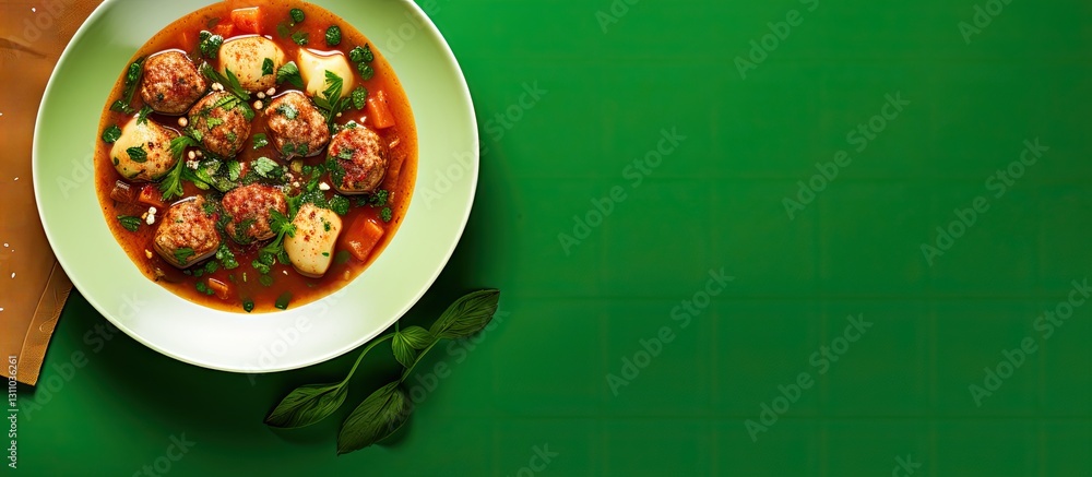 Poster top view of a bowl of homemade minestrone soup with meatballs and spinach on a white plate against a