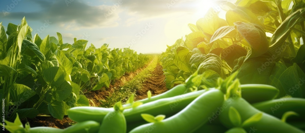 Poster Lush green pea plants stretch across a sunlit field with vibrant sunlight illuminating the scene and ample sky space above for text placement