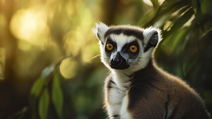 Obraz premium Close up of lemur with delicate whiskers and sharp eyes in forest setting