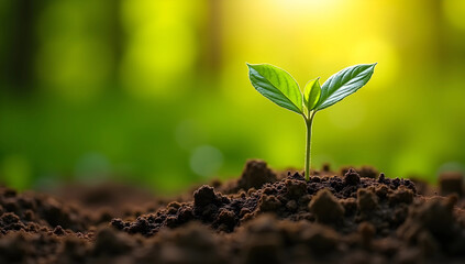 Fototapeta premium Fresh Green Plant Growing in Fertile Soil Against a Bright Sunshine Background