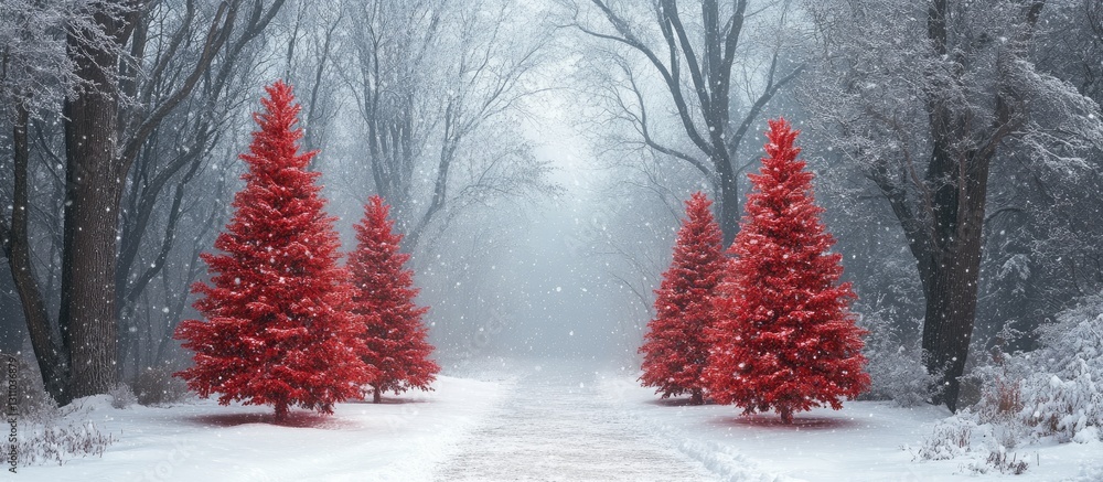 Poster Three vibrant red Christmas trees lined along a snowy path surrounded by tall trees in a mystical fog creating a serene winter landscape