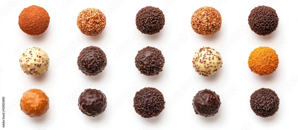 Poster Gourmet chocolate truffles assortment on white background arranged in three rows with various toppings including dark and light chocolate varieties.