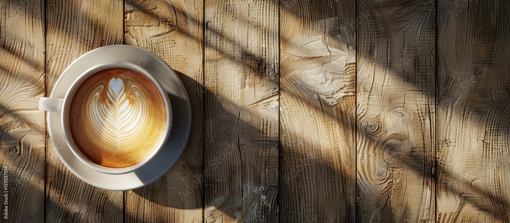 Poster Top view of a latte in a white cup on a rustic wooden table illuminated by soft shadows with ample copy space on the left side