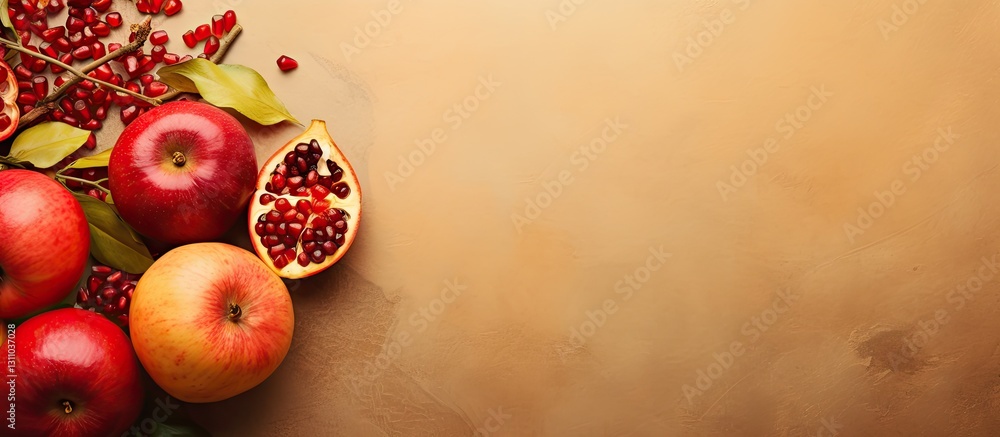 Poster top view of red apples and pomegranate on warm brown background with leaves capturing the festive es