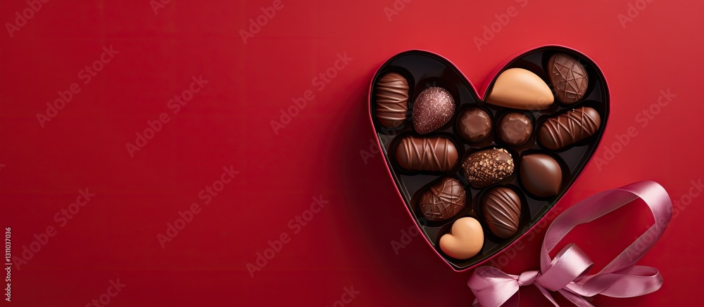 Aufkleber Heart-shaped box of assorted chocolates on a deep red background with a pink bow, featuring a variety of dark and milk chocolates arranged elegantly.