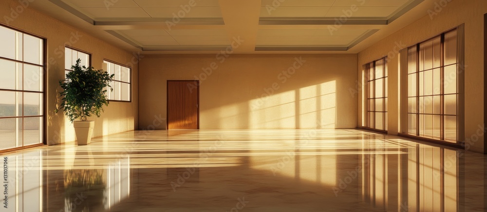 Aufkleber empty modern conference room featuring large windows casting sunlight and reflections on polished ma