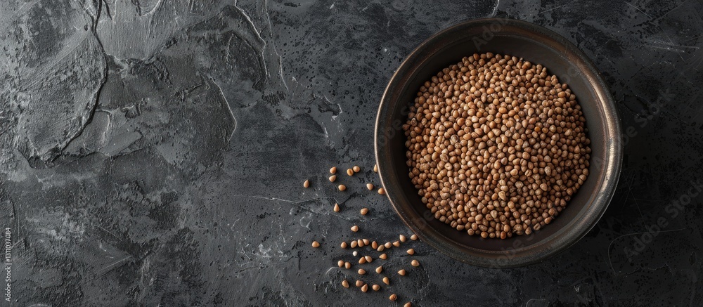 Poster Bowl of raw buckwheat grains in a black bowl on dark textured concrete surface with scattered grains around and ample negative space for text