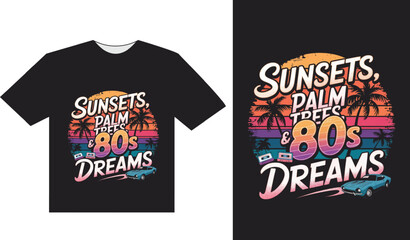Retro 80s Miami Beach T-Shirt &ndash; Sunset Palm Trees Aesthetic Tee &ndash; Vintage Classic Car and Cassette Tapes &ndash; Nostalgic Vaporwave Synthwave Graphic Tee for Summer Vibes