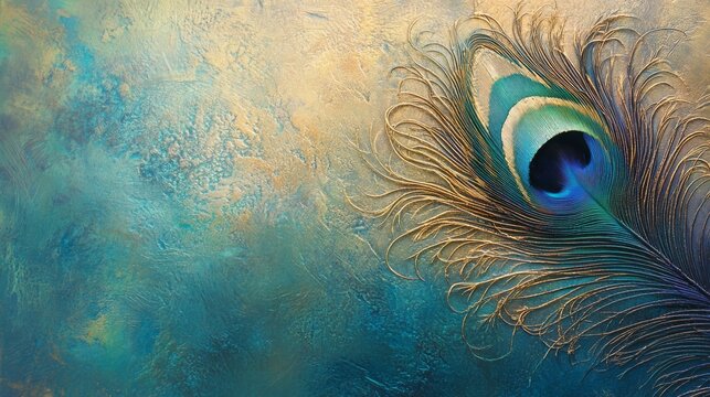 102.Vibrant close-up of a single peacock feather with intricate patterns, iridescent blues, greens, and golds, with soft textures and delicate details on a smooth gradient background.