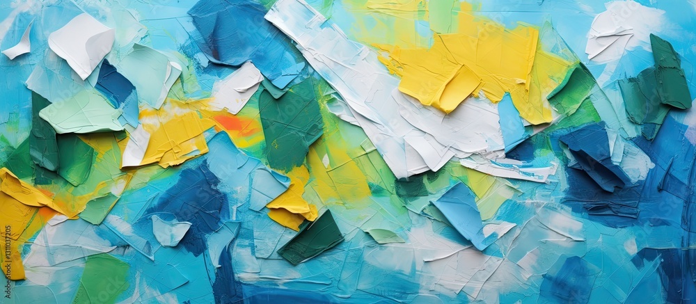 Poster colorful texture background featuring torn blue, yellow, and green paper pieces layered on a vibrant