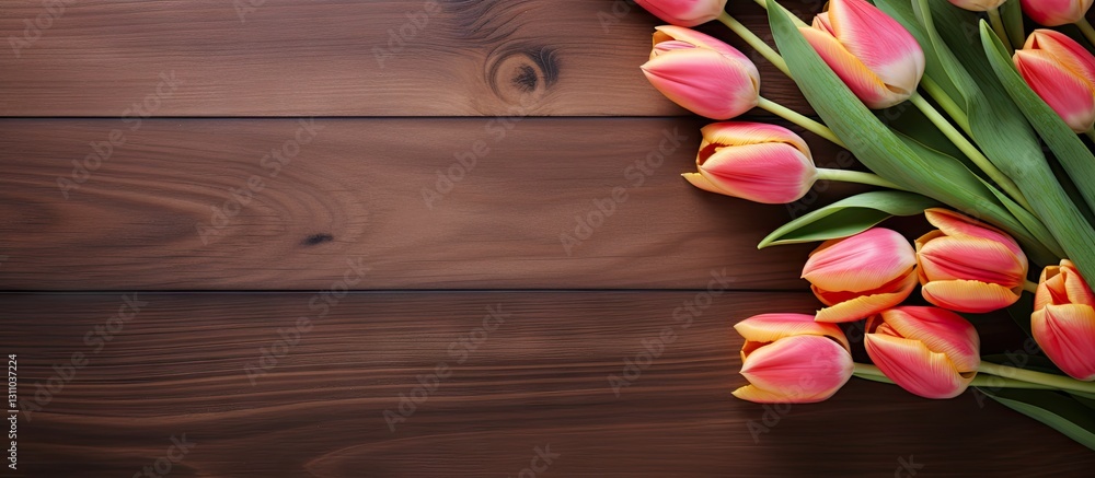 Aufkleber vibrant pink and orange tulips arranged on the right side of a dark wooden surface with ample copy s