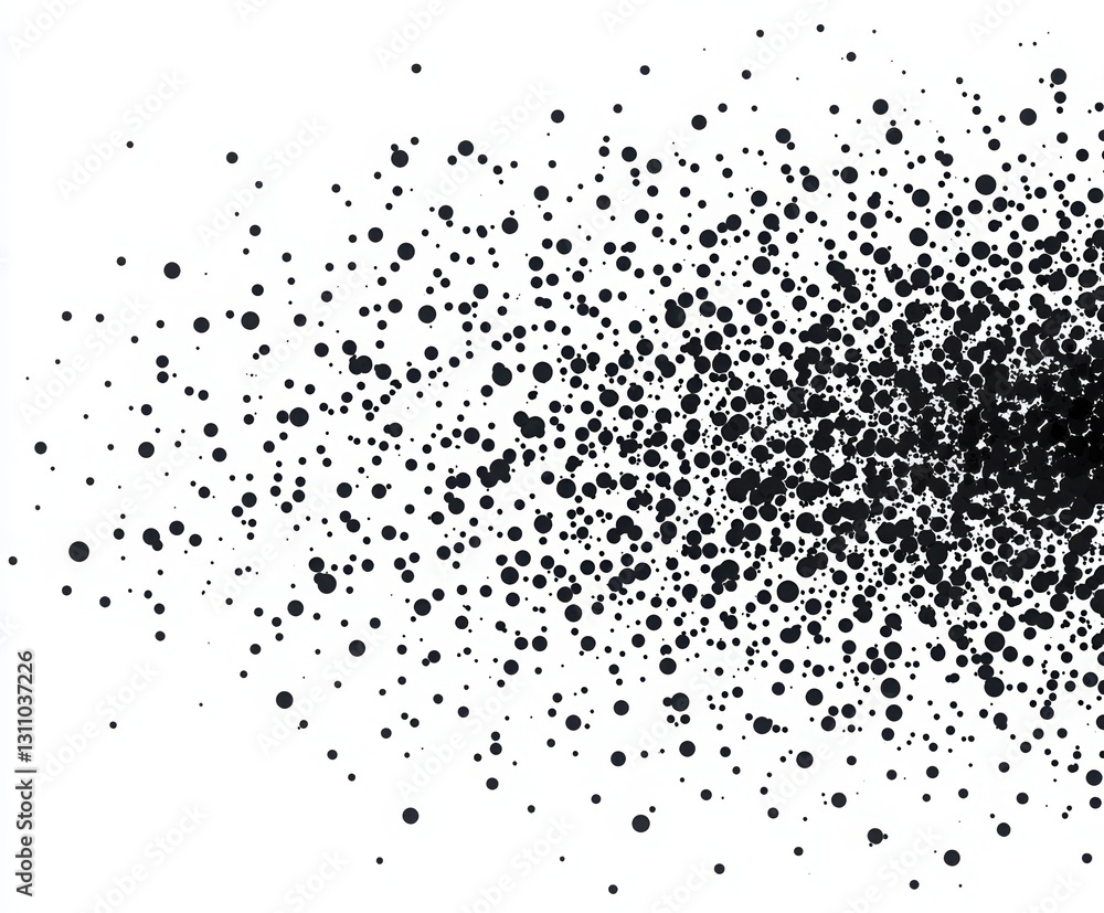 Poster spray of dots: a dynamic splash of randomly sized black dots forms an abstract, textured pattern, pe
