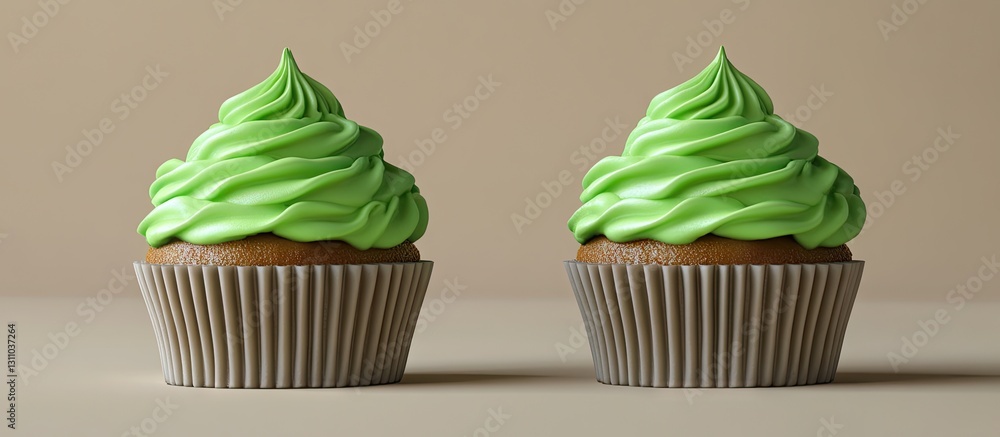 Poster two delightful cupcakes with vibrant green icing positioned evenly on a neutral background showcasin