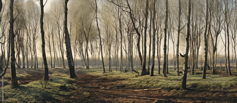 Fototapete serene landscape of a poplar tree woodland with tall trees in soft greens and browns, ample open spa