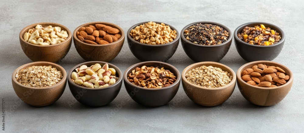 Aufkleber assorted healthy breakfast bowls featuring grains and nuts in earthy tones arranged symmetrically on