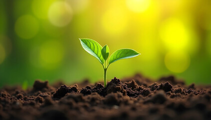 Fresh Green Plant Growing in Fertile Soil Against a Bright Sunshine Background