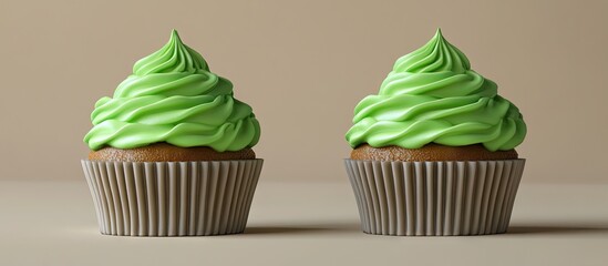 Two delightful cupcakes with vibrant green icing positioned evenly on a neutral background showcasing their swirled topping and striped wrappers.